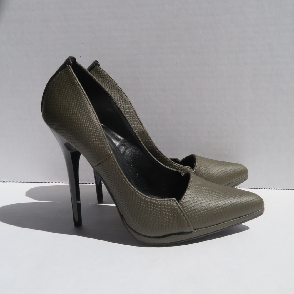Dark Olive Croc-Embossed Pump Heels